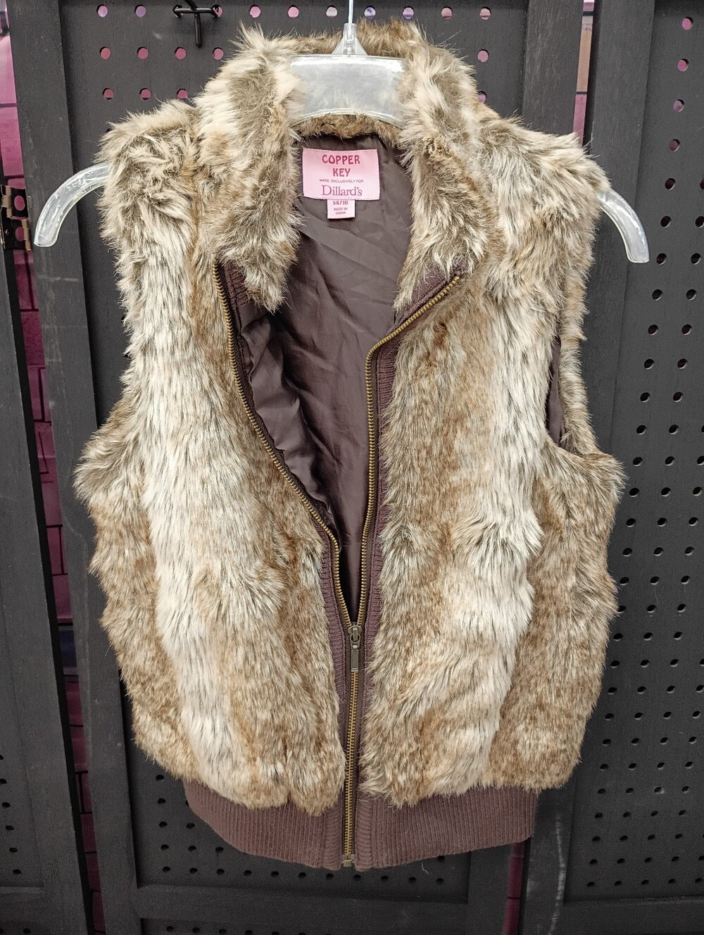 Copper Key Faux Fur Zip Vest in Brown and Tan